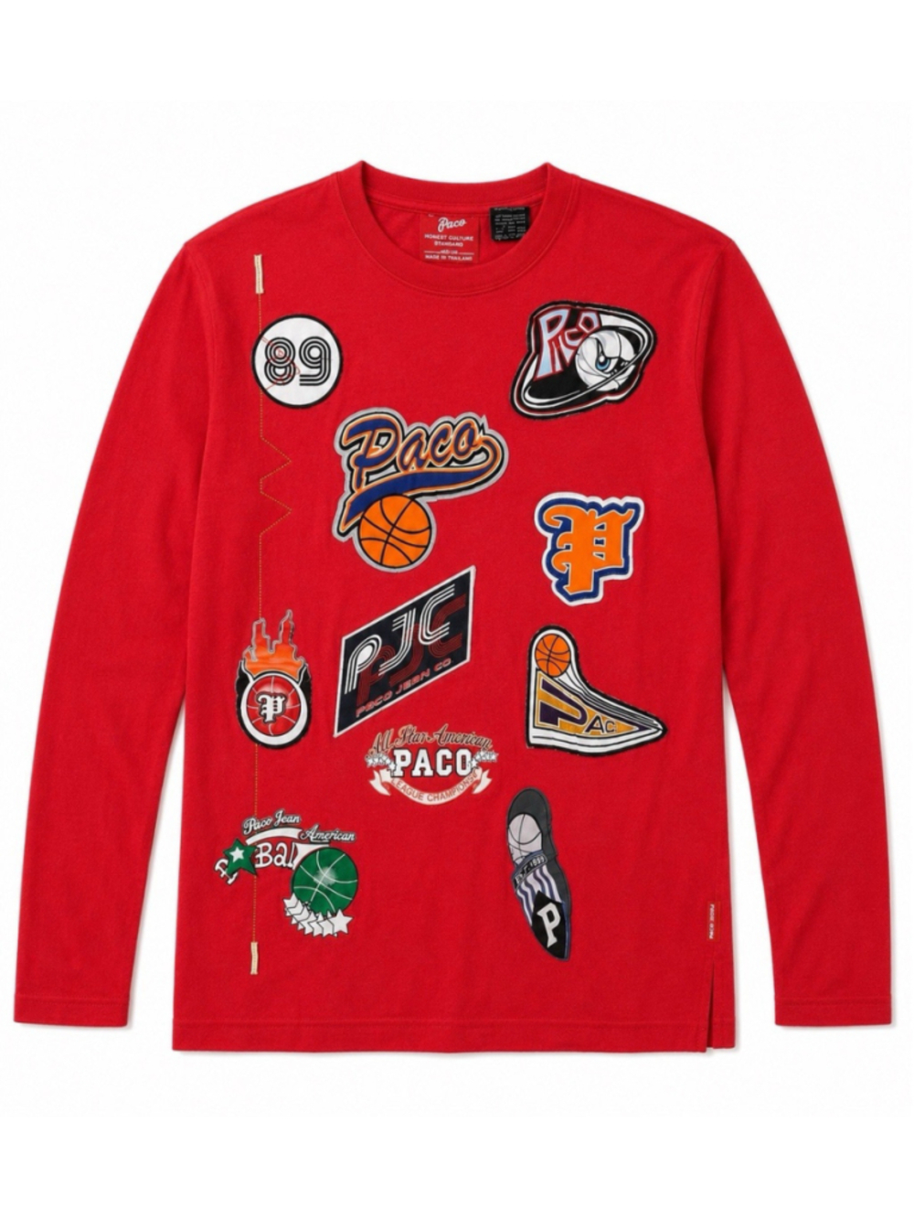 PACO Long Sleeve Shirt Red With Embroidered Patches Vintage 90s Mens Medium